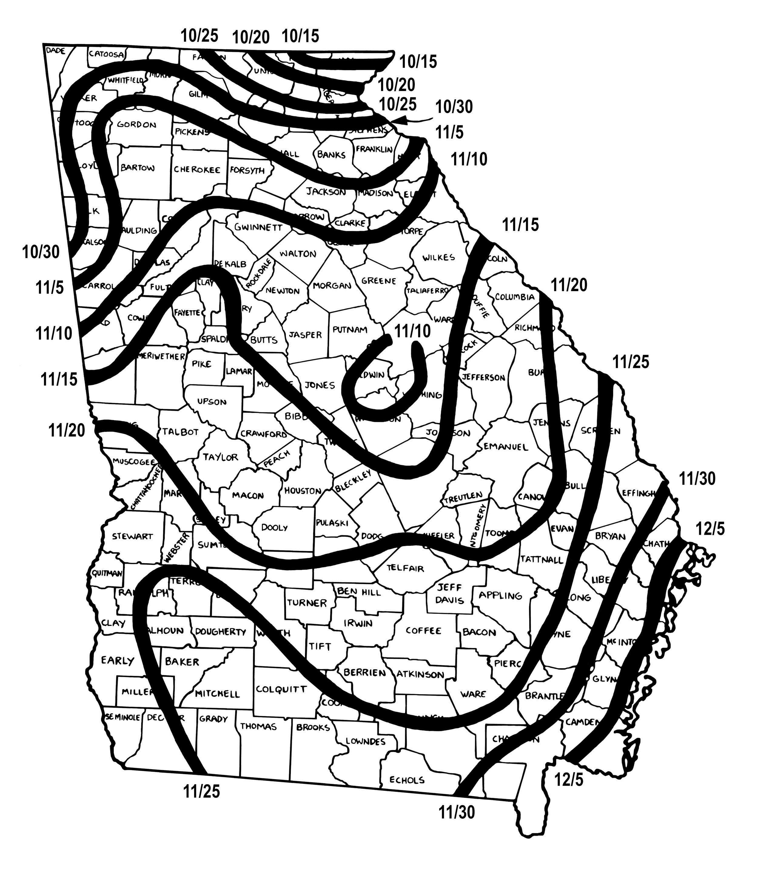 Map of Georgia showing the approximate first frost in fall. Dates range from 10/15 in the northeast corner of the state to 12/5 along the coast.